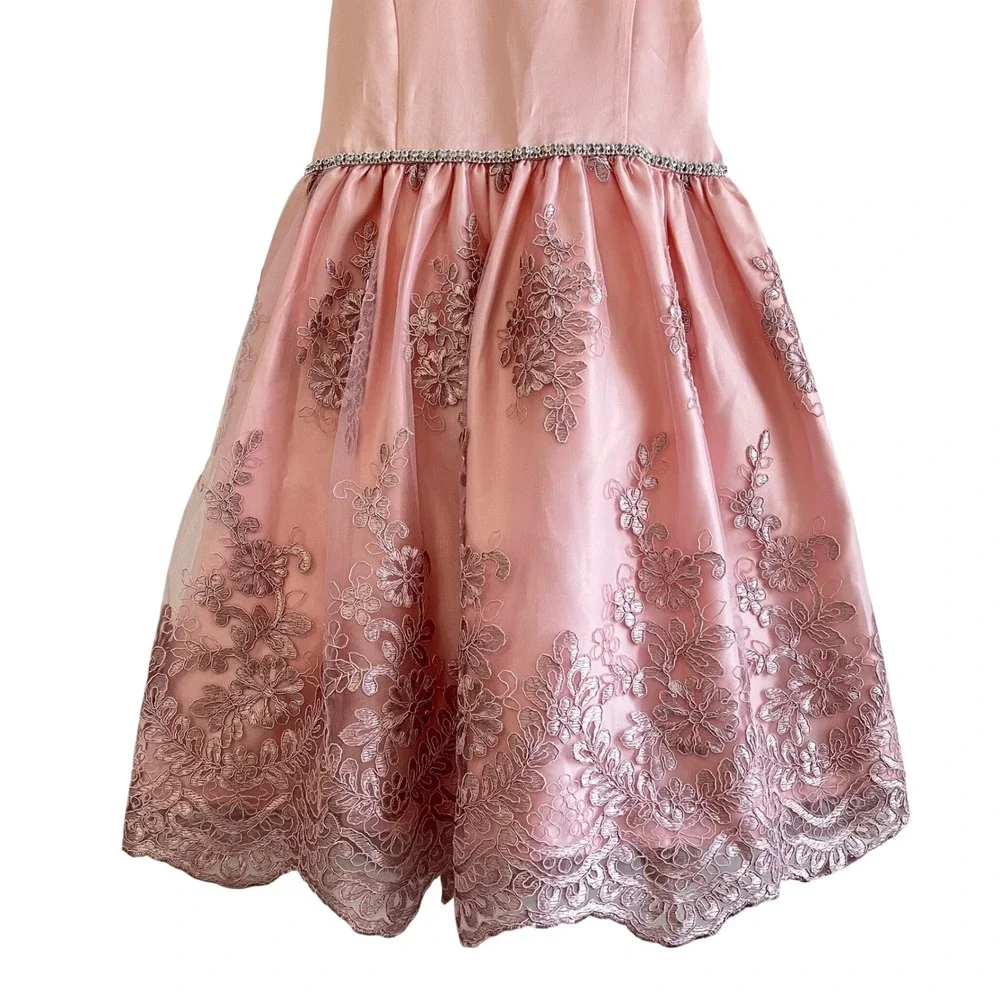 Tahari Girls Size 7 Dusty Pink Party Dress Embroidered Floral Lace Rhinestone